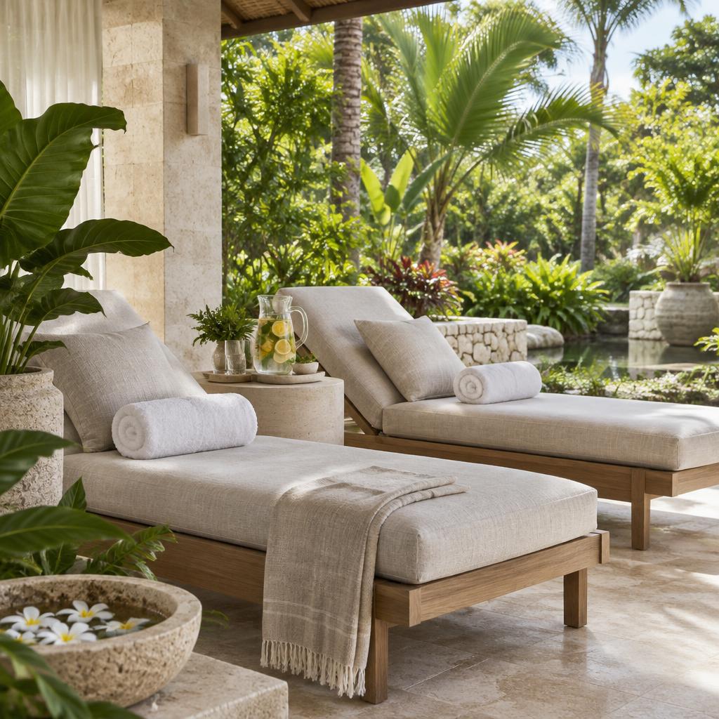 A quiet open-air wellness lounge surrounded by tropical greenery
